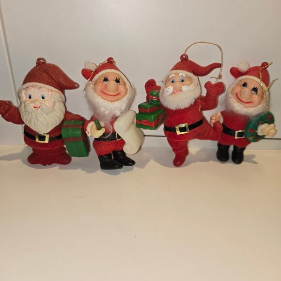 4 vintage flocked Christmas ornaments Santa and Elves - Picture 1 of 8